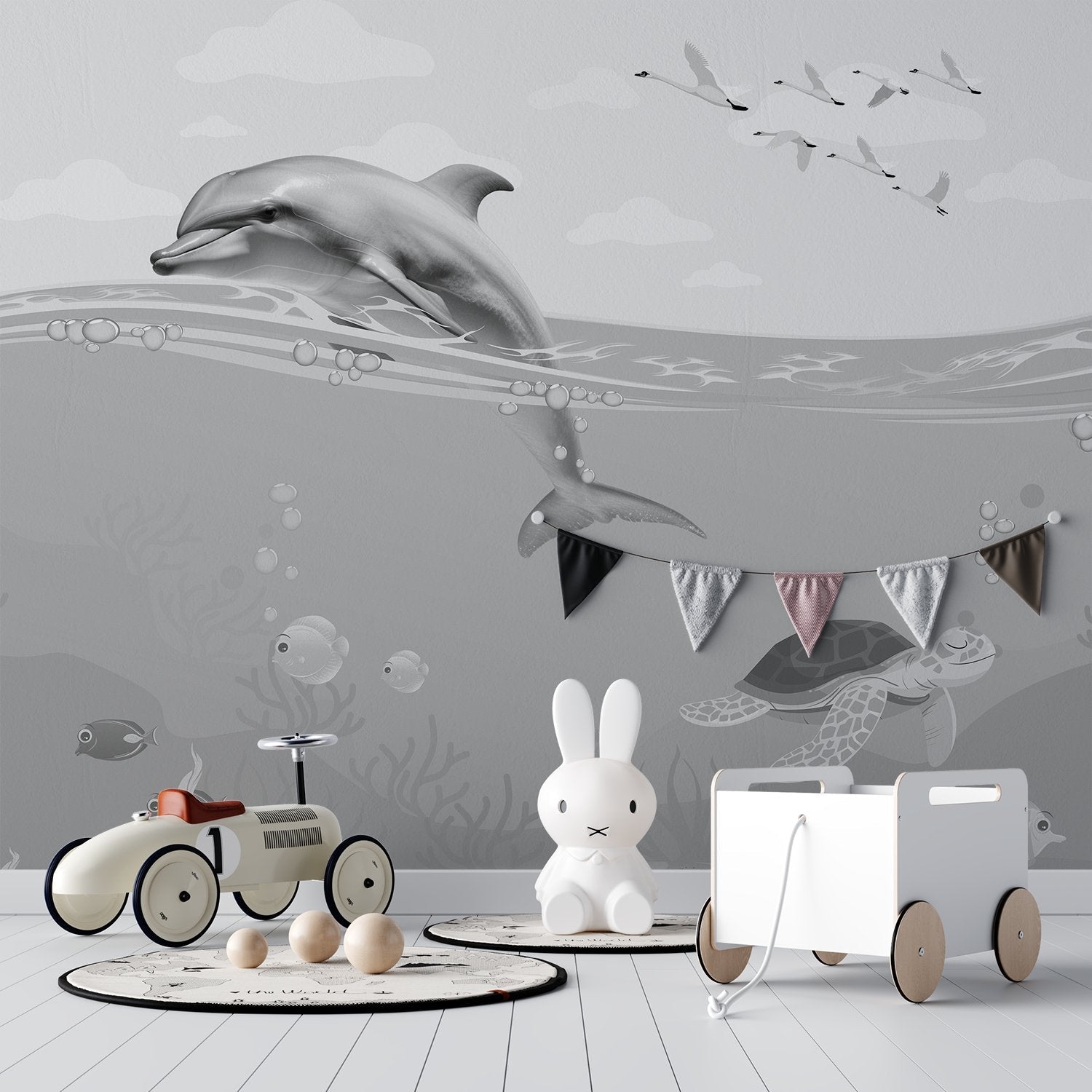 Whimsical underwater scene with dolphin, flying birds and decorative eyelashes in turquoise waters - view 17 - final