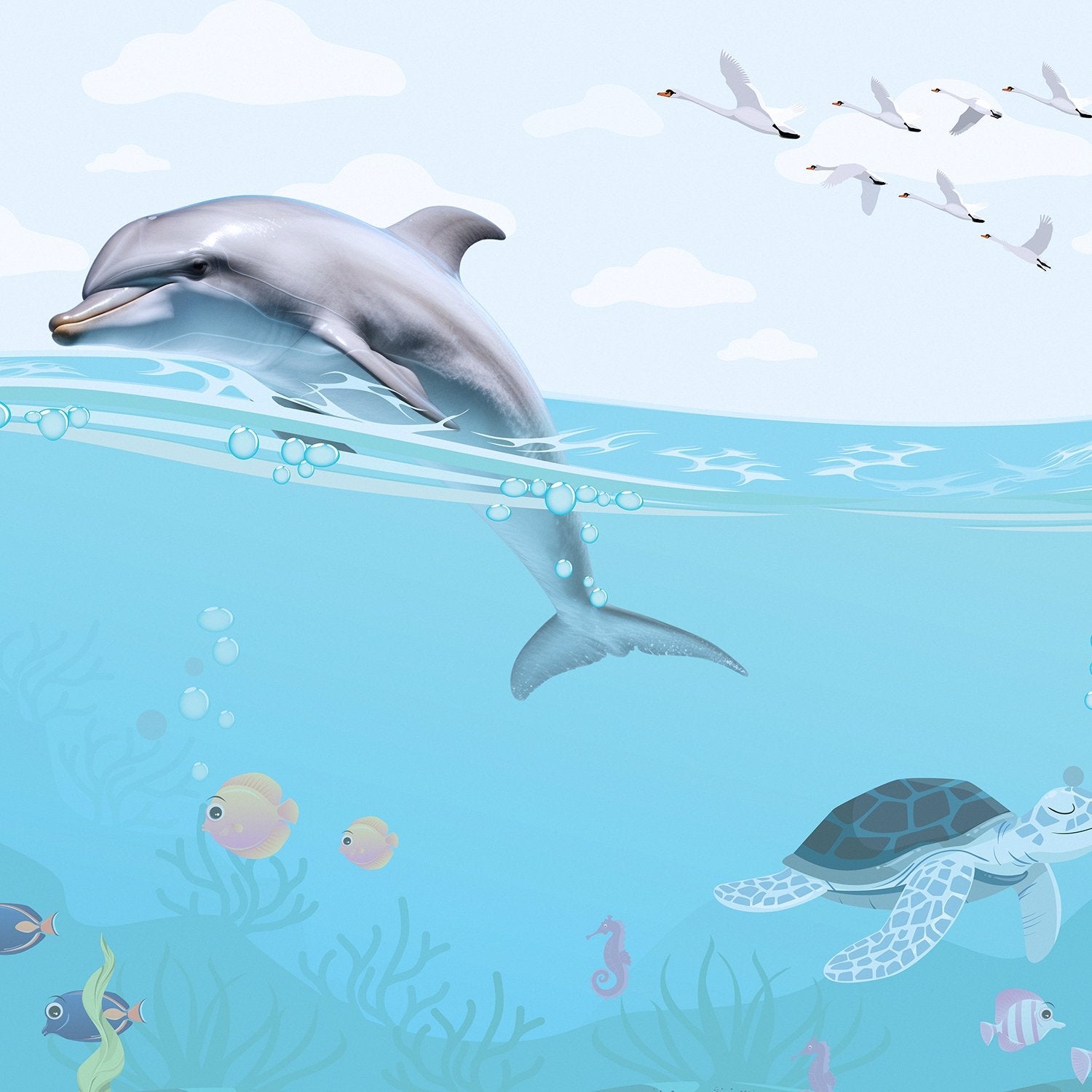 Whimsical underwater scene with dolphin, flying birds and decorative eyelashes in turquoise waters - view 2 - final