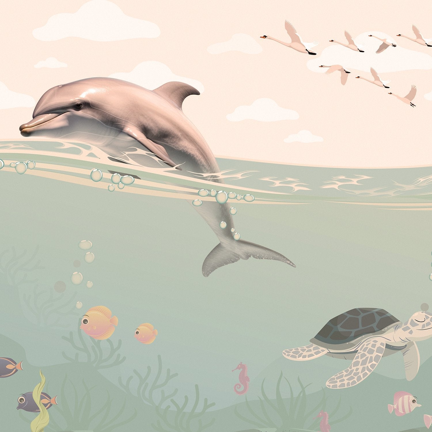 Whimsical underwater scene with dolphin, flying birds and decorative eyelashes in turquoise waters - view 21 - final