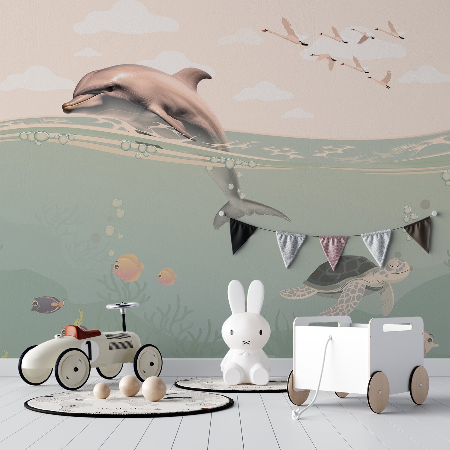 Whimsical underwater scene with dolphin, flying birds and decorative eyelashes in turquoise waters - view 22 - final