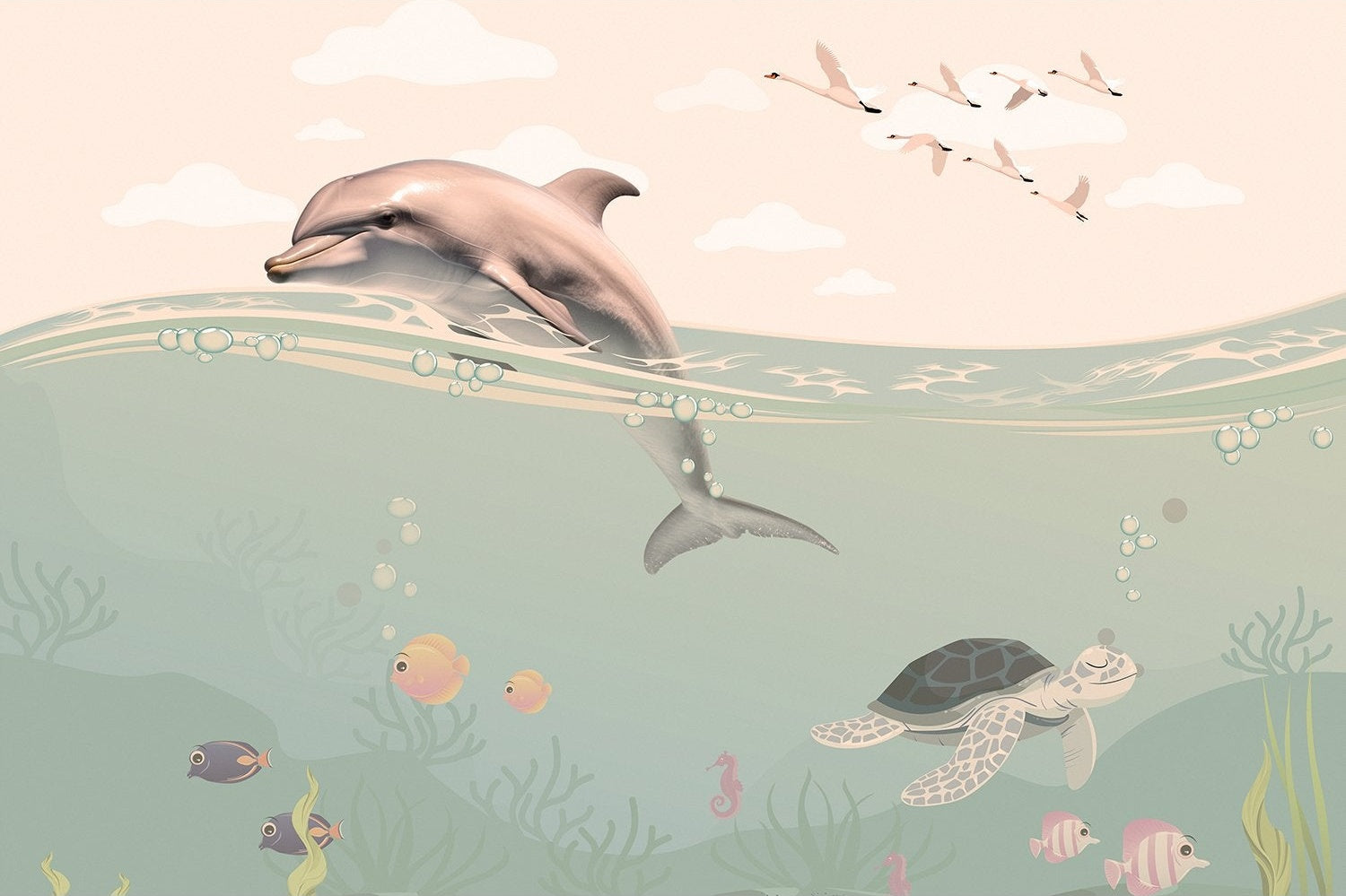 "Underwater marine life scene in lea - "marine and ocean" wallpaper mural-inequal final"