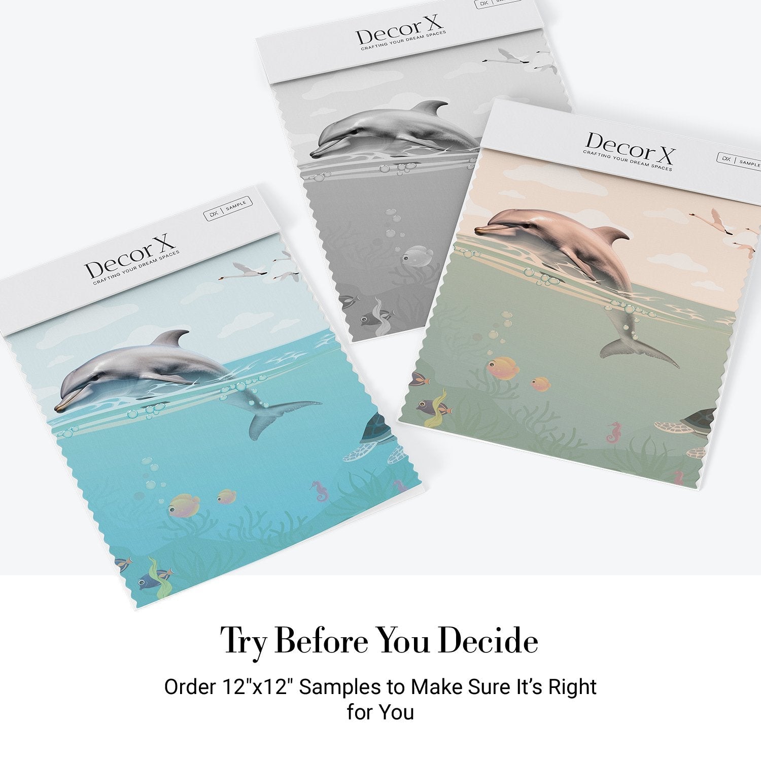 Whimsical underwater scene with dolphin, flying birds and decorative eyelashes in turquoise waters - view 25 - final all-groups samples