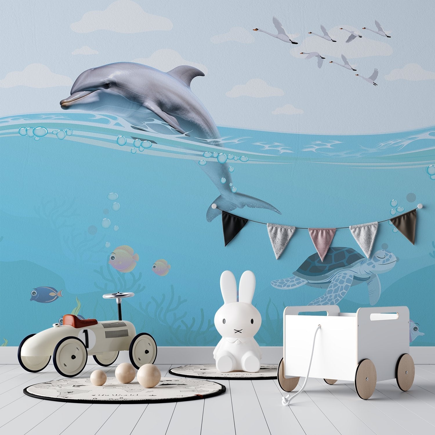 Whimsical underwater scene with dolphin, flying birds and decorative eyelashes in turquoise waters - view 3 - final