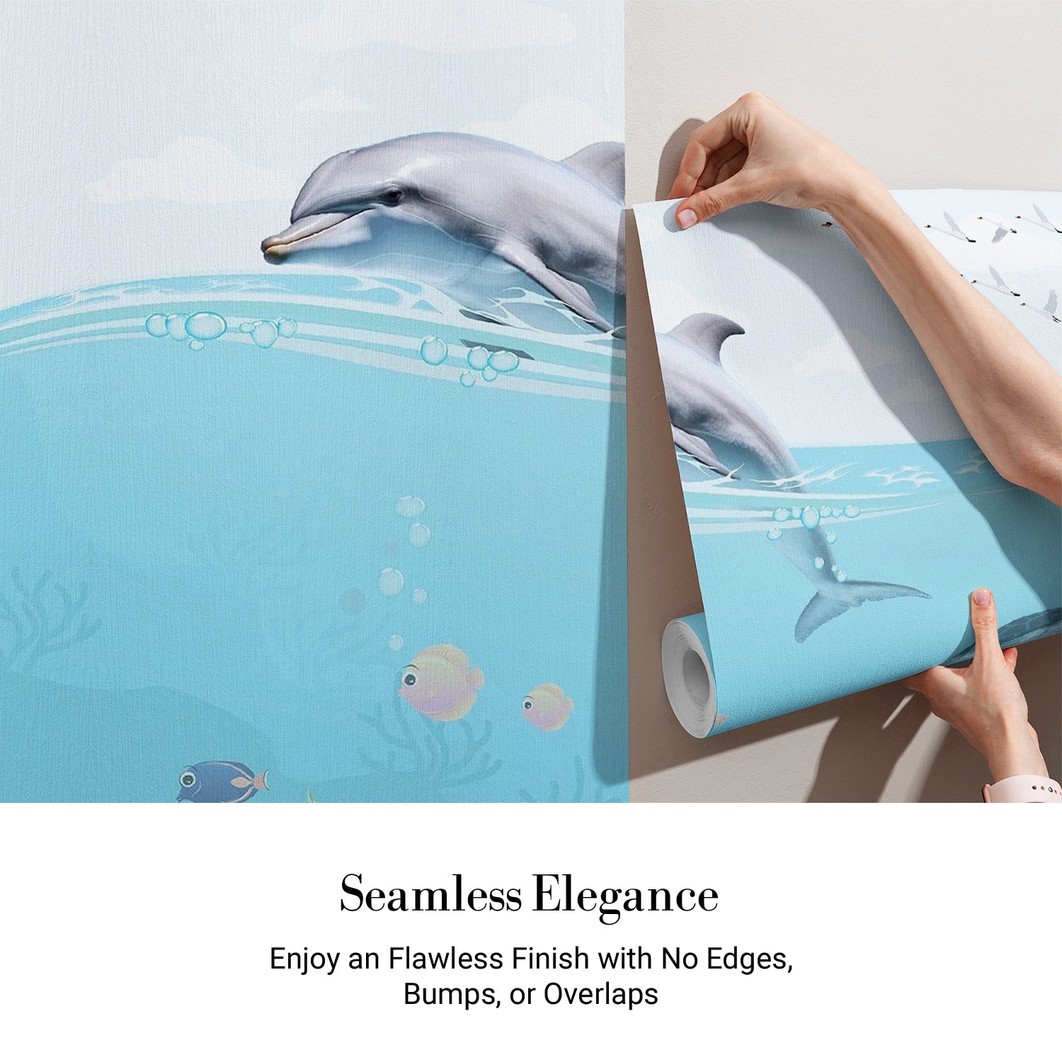 Whimsical underwater scene with dolphin, flying birds and decorative eyelashes in turquoise waters - view 4 - final