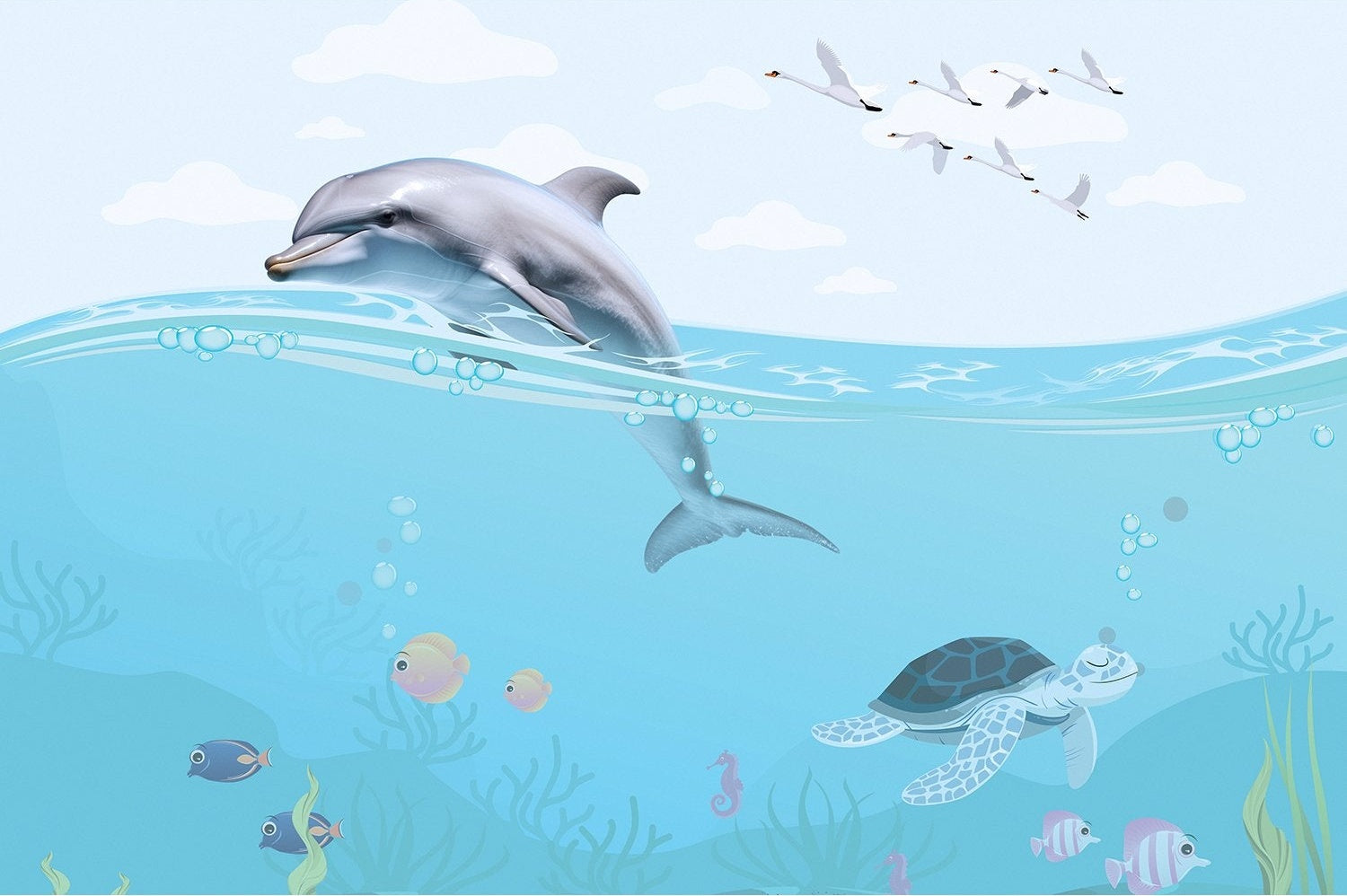 "Underwater marine life scene in lea - "marine and ocean" wallpaper mural-inequal final"