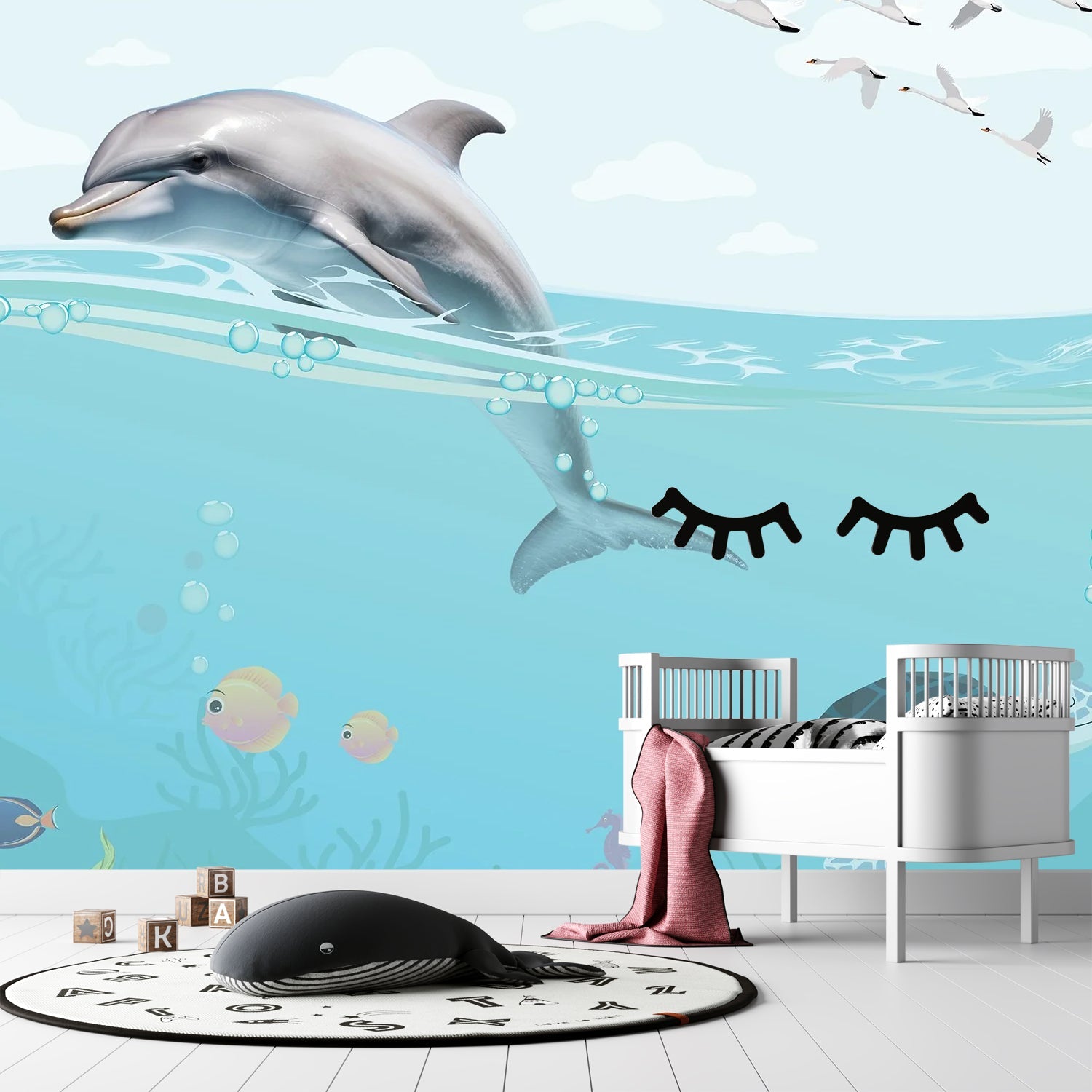 Whimsical underwater scene with dolphin, flying birds and decorative eyelashes in turquoise waters - view 8 - final