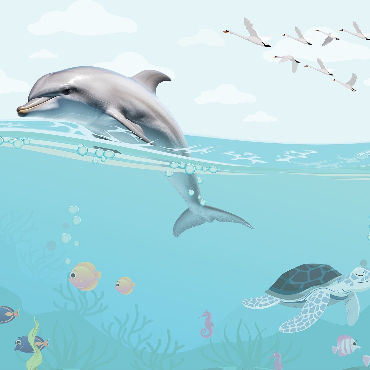 Whimsical underwater scene with dolphin, flying birds and decorative eyelashes in turquoise waters - view 9 - final