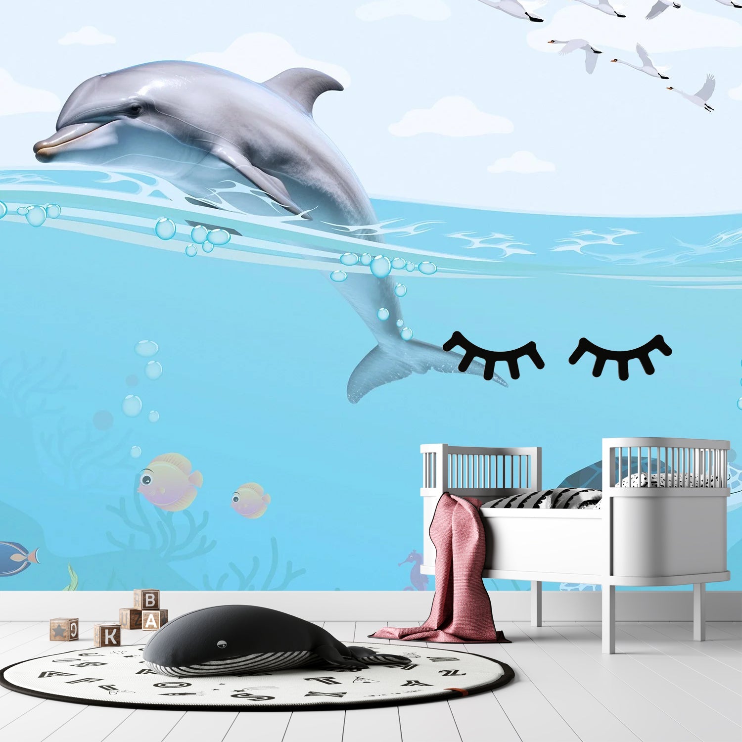 Whimsical underwater scene with dolphin, flying birds and decorative eyelashes in turquoise waters - final kids-room