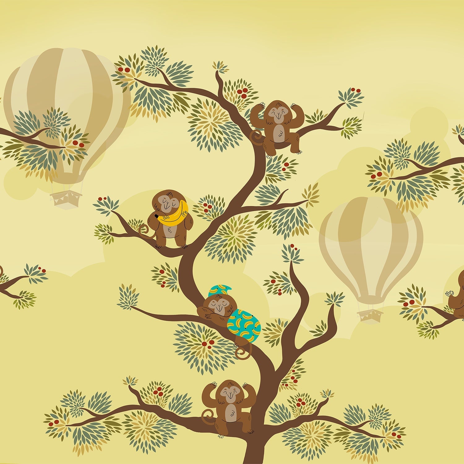 Whimsical tree mural with monkeys and hot air balloon against yellow background - view 2 - final