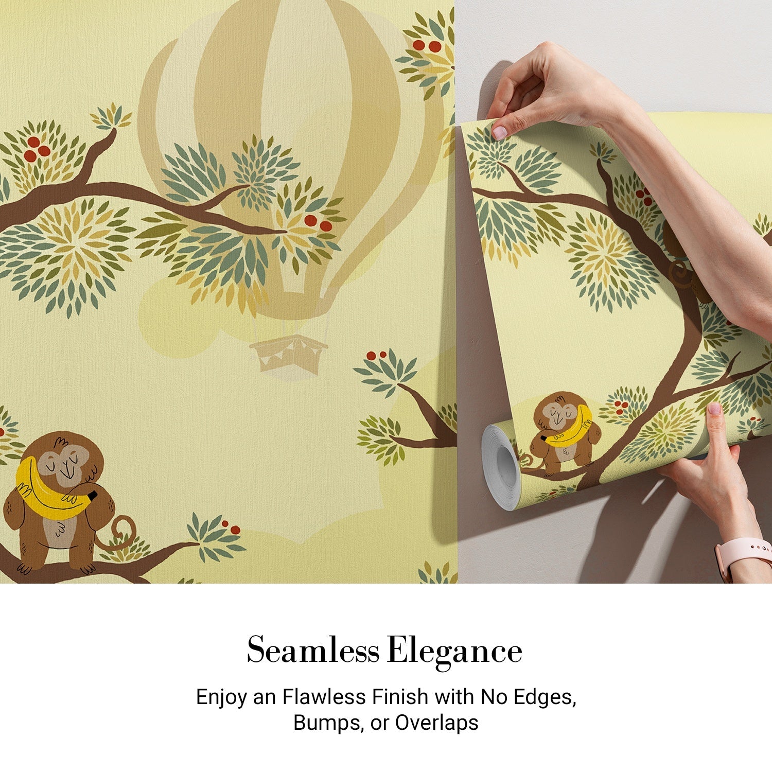 Whimsical tree mural with monkeys and hot air balloon against yellow background - view 3 - final