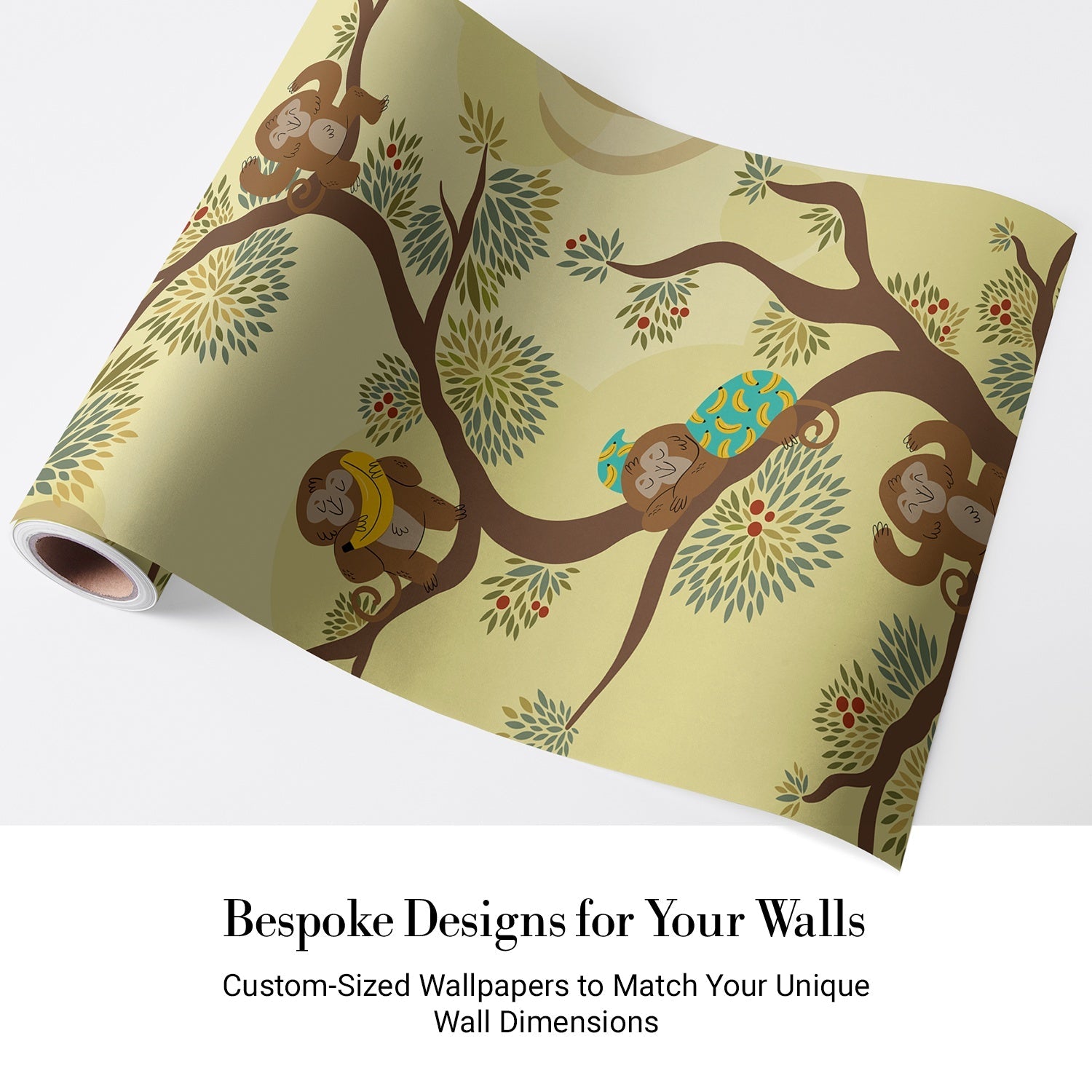 Whimsical tree mural with monkeys and hot air balloon against yellow background - view 4 - final