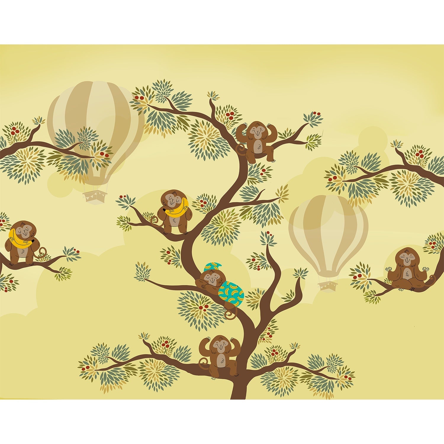 Whimsical tree mural with monkeys and hot air balloon against yellow background - view 5 - mural-equal - final