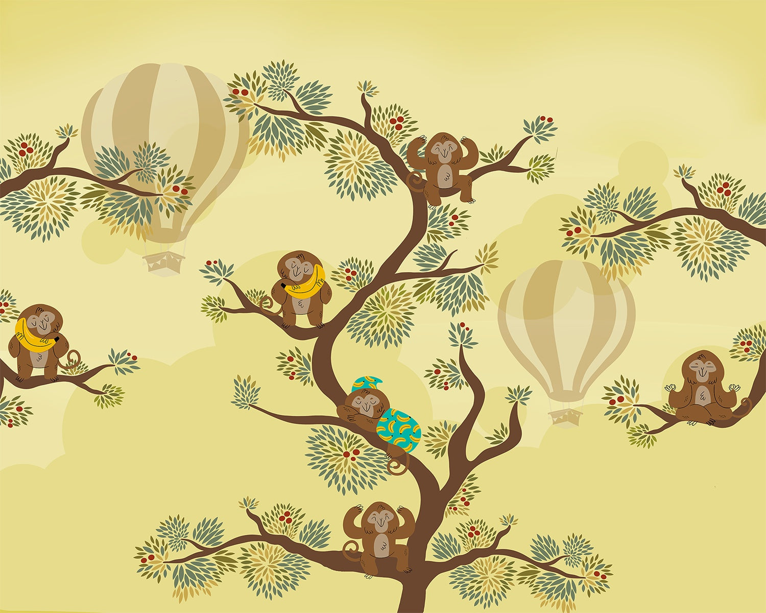 Whimsical tree mural with monkeys and hot air balloon against yellow background - view 6 - mural-inequal - final