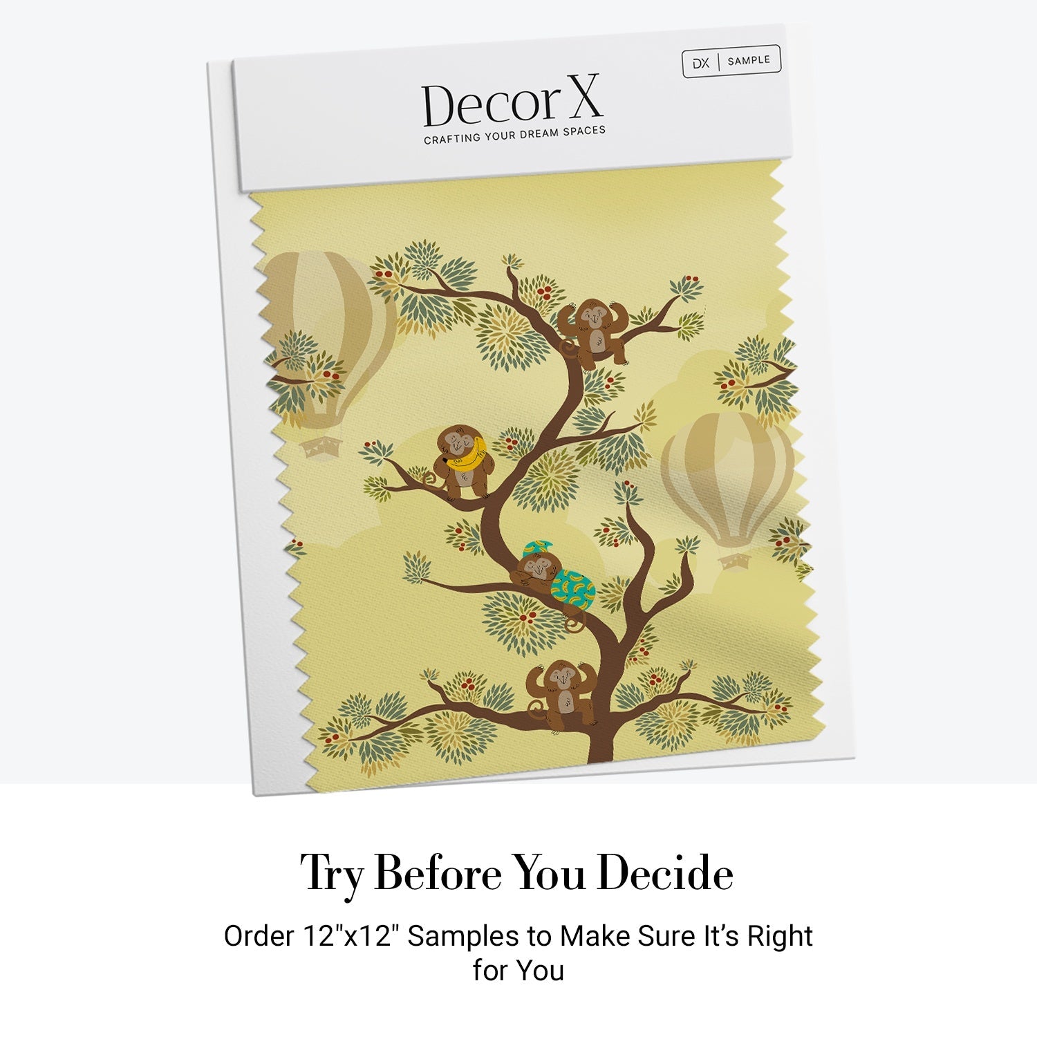 Whimsical tree mural with monkeys and hot air balloon against yellow background - view 7 - final all-groups samples