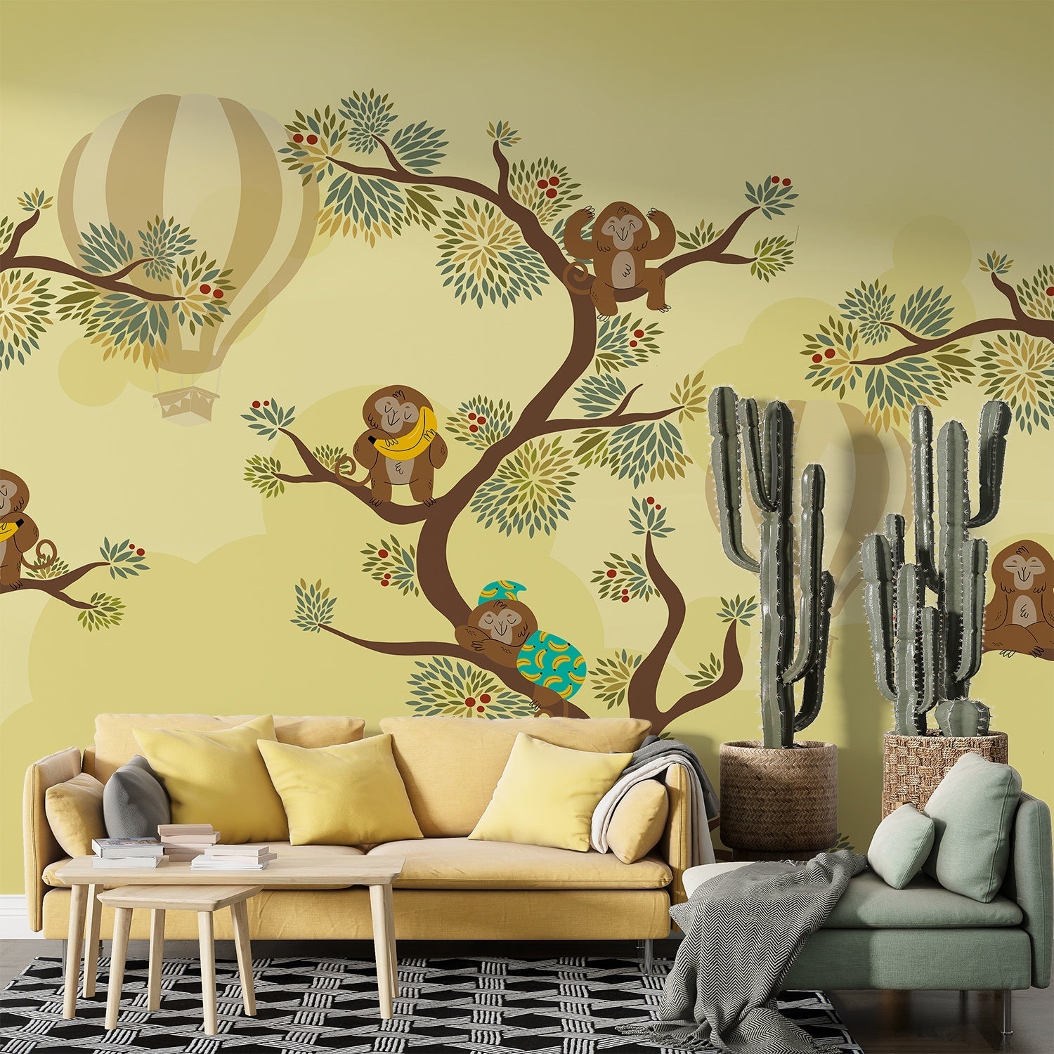 Whimsical tree mural with monkeys and hot air balloon against yellow background - final living-room