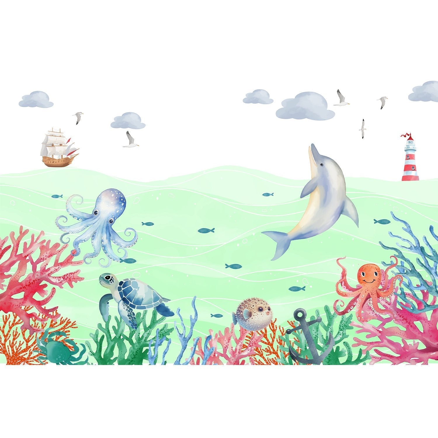 "Vibrant lea underwater marine scene - kids wallpaper mural-equal final"