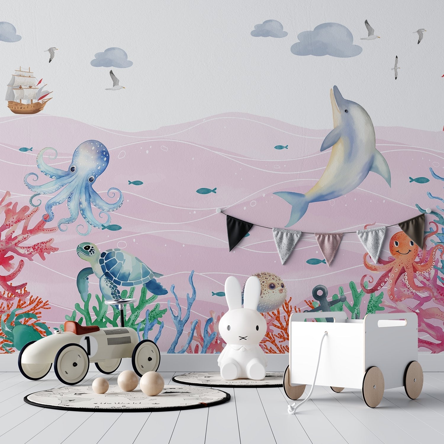 Whimsical underwater scene with dolphin, octopus, turtle and coral against soft blue waves - view 11 - final