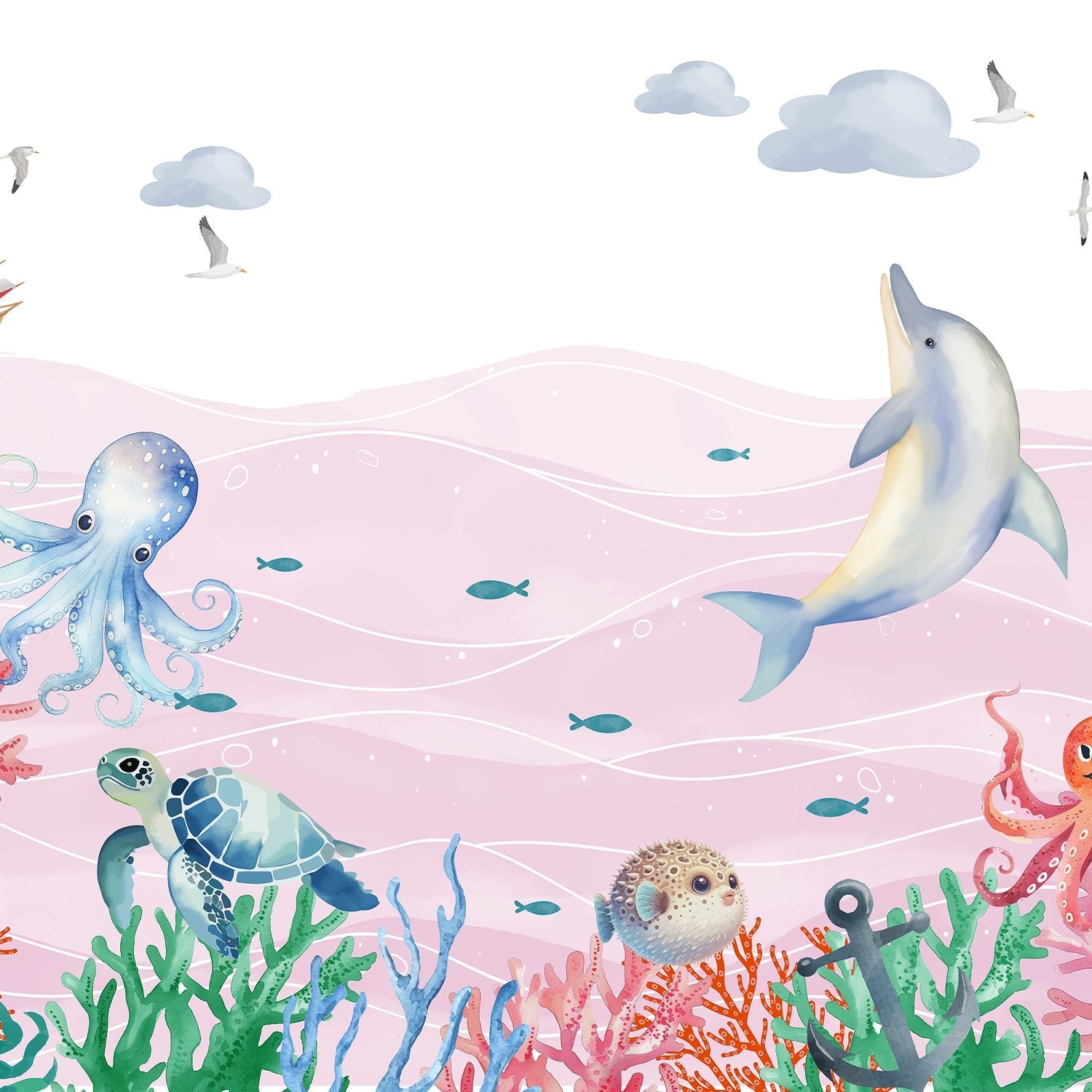 Whimsical underwater scene with dolphin, octopus, turtle and coral against soft blue waves - view 12 - final