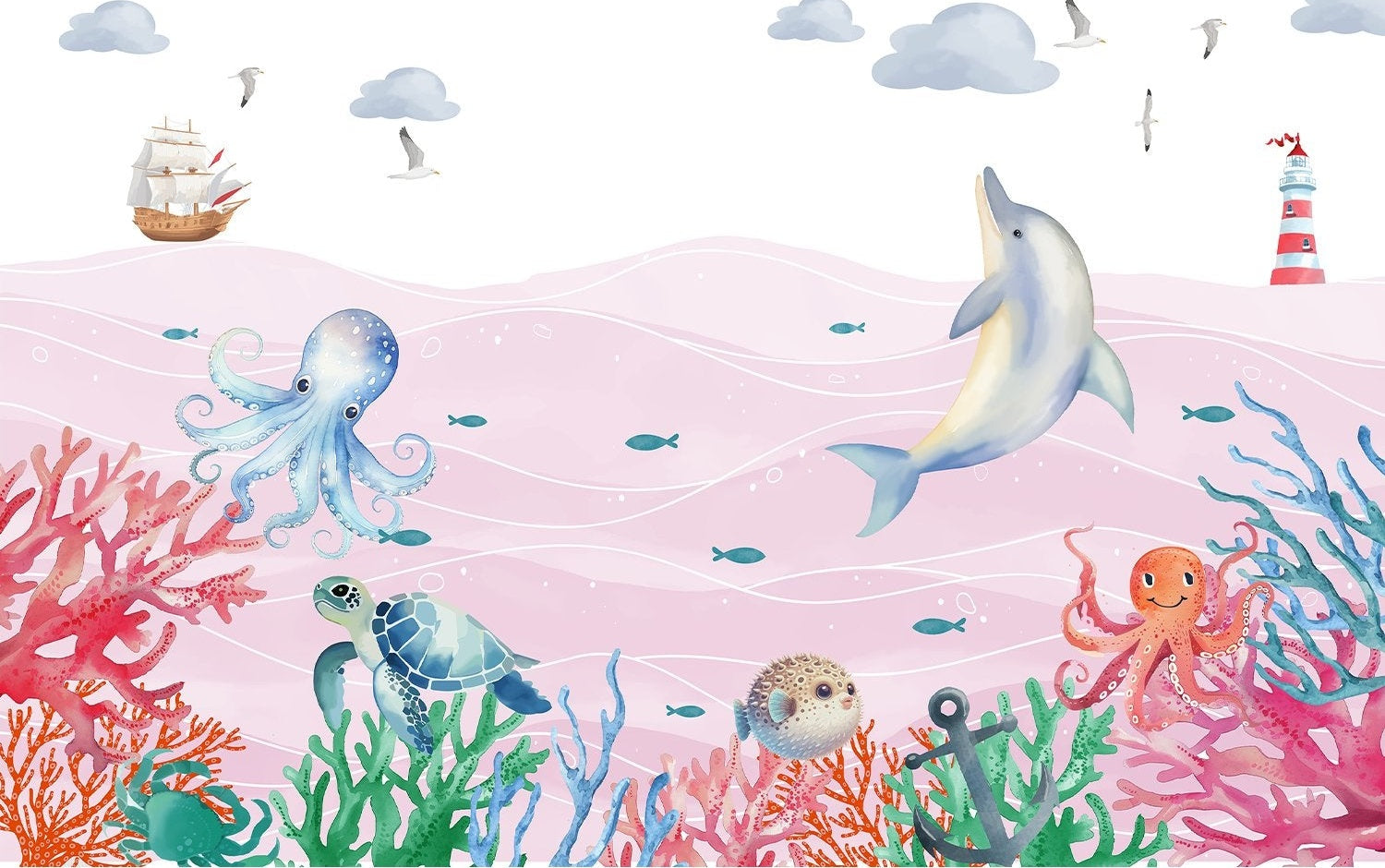 "Vibrant lea underwater marine scene - kids wallpaper mural-inequal final"