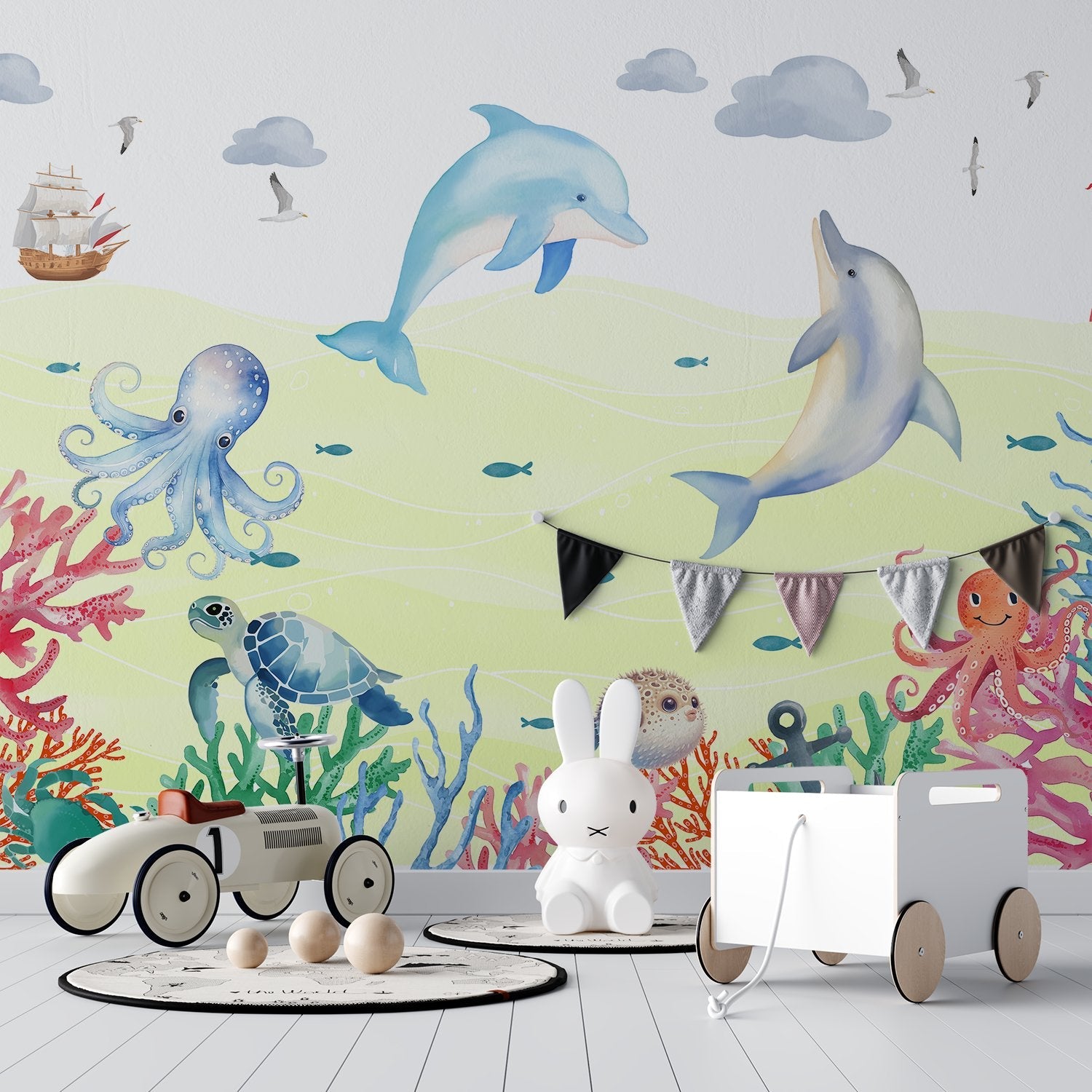 Whimsical underwater scene with dolphin, octopus, turtle and coral against soft blue waves - view 15 - final