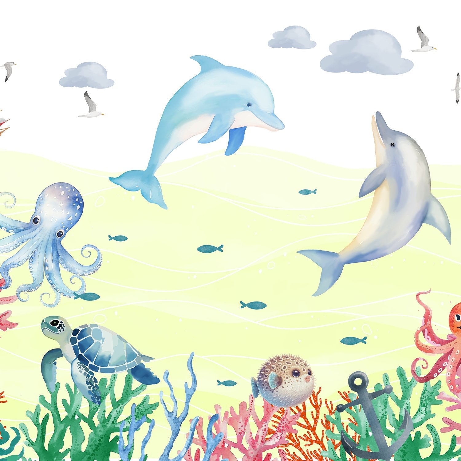 Whimsical underwater scene with dolphin, octopus, turtle and coral against soft blue waves - view 16 - final