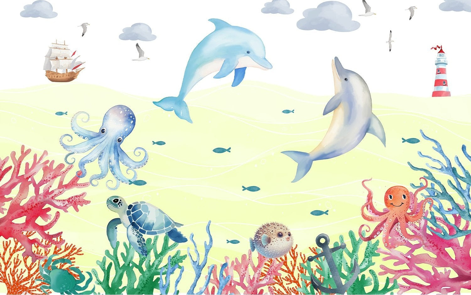 "Vibrant lea underwater marine scene - kids wallpaper mural-inequal final"