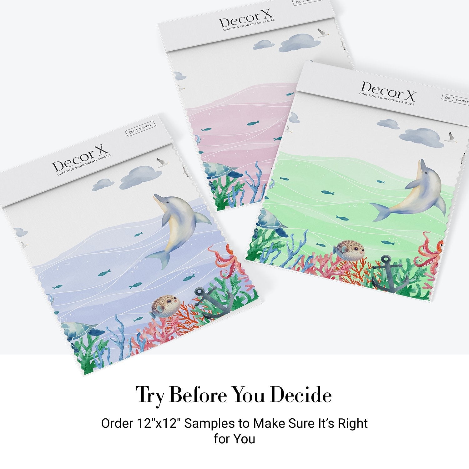 Whimsical underwater scene with dolphin, octopus, turtle and coral against soft blue waves - view 19 - final all-groups samples