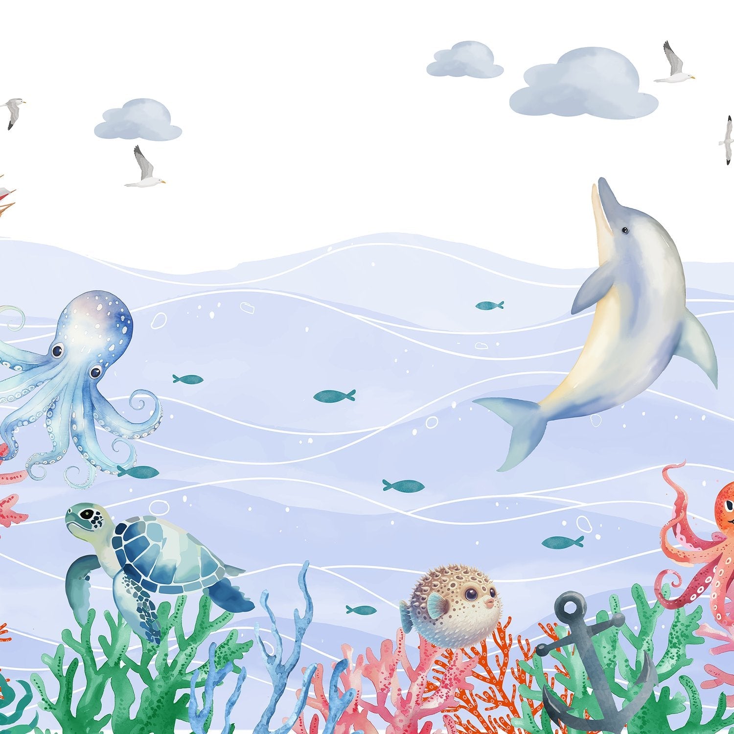 Whimsical underwater scene with dolphin, octopus, turtle and coral against soft blue waves - view 2 - final