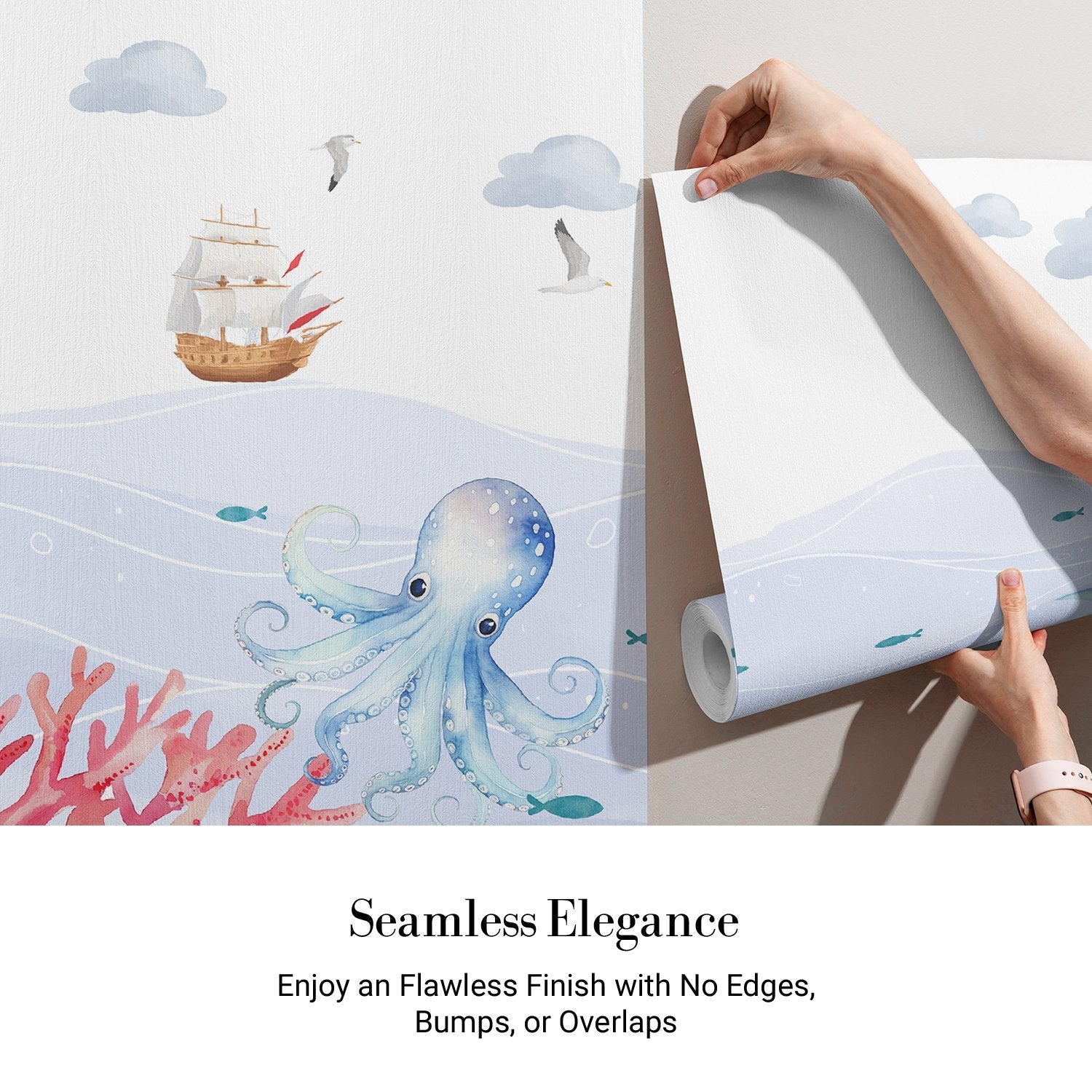 Whimsical underwater scene with dolphin, octopus, turtle and coral against soft blue waves - view 3 - final