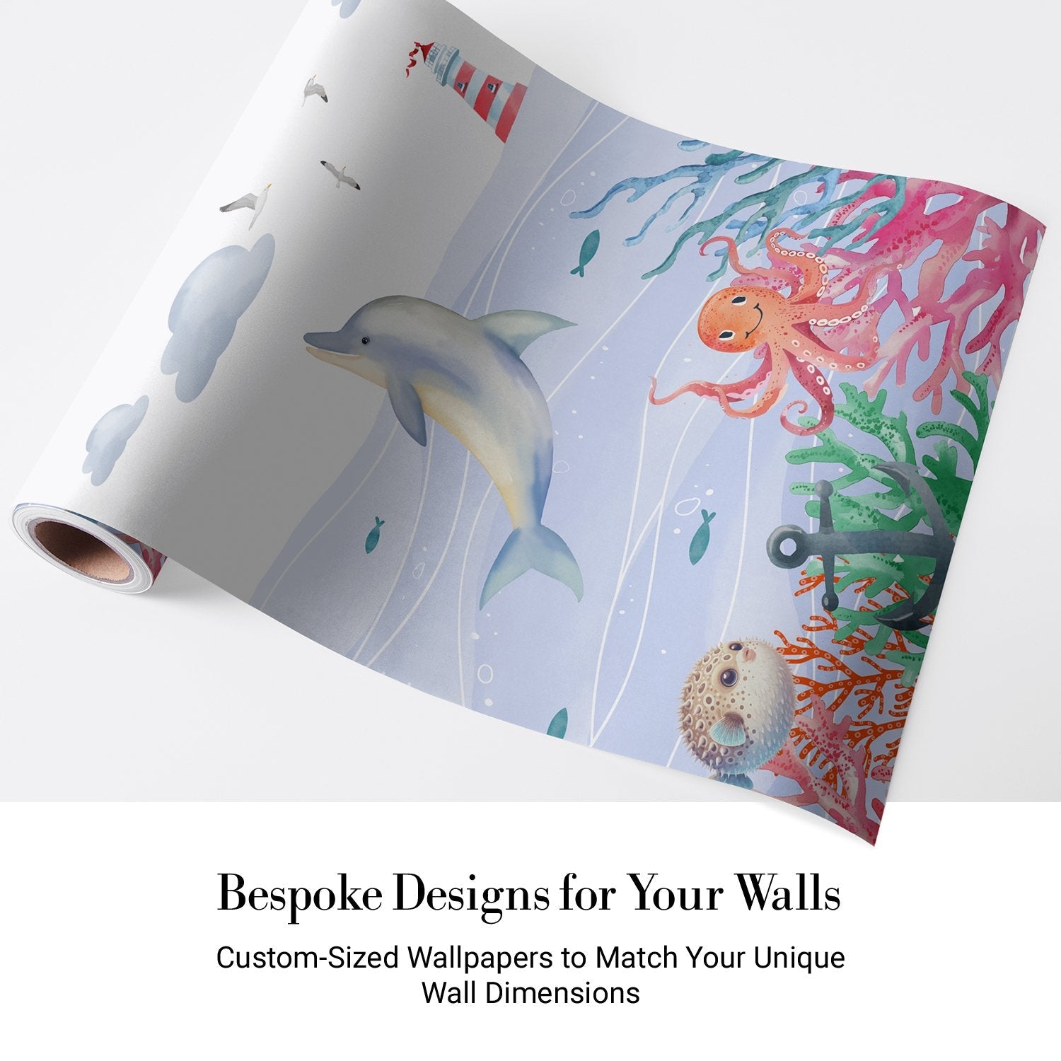 Whimsical underwater scene with dolphin, octopus, turtle and coral against soft blue waves - view 4 - final