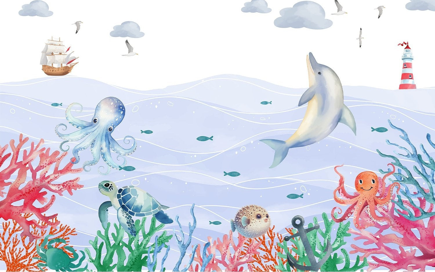 "Vibrant lea underwater marine scene - kids wallpaper mural-inequal final"