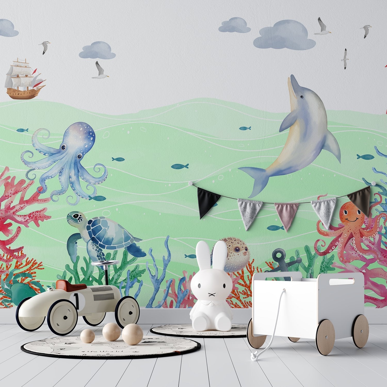 Whimsical underwater scene with dolphin, octopus, turtle and coral against soft blue waves - view 7 - final