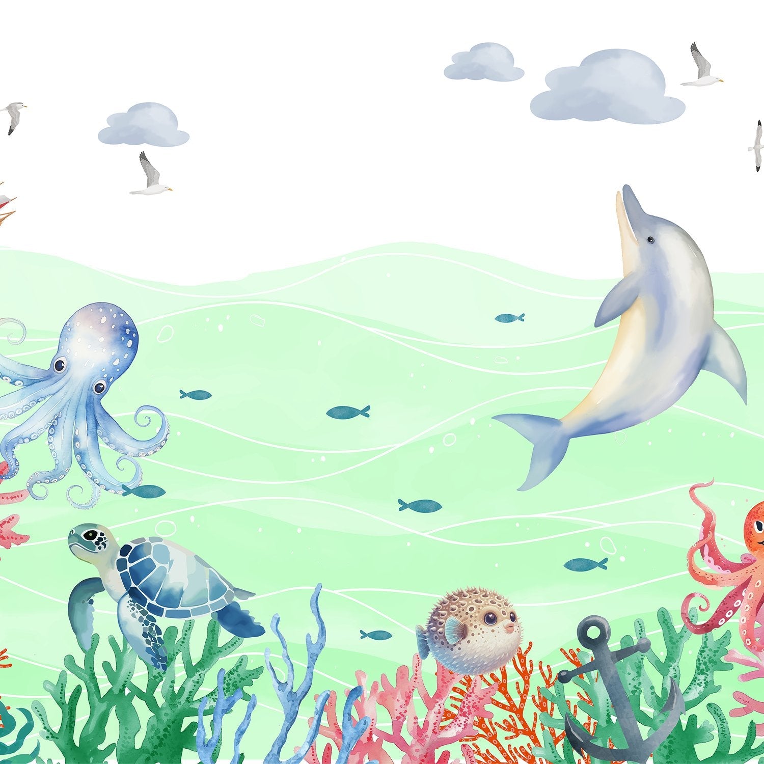 Whimsical underwater scene with dolphin, octopus, turtle and coral against soft blue waves - view 8 - final