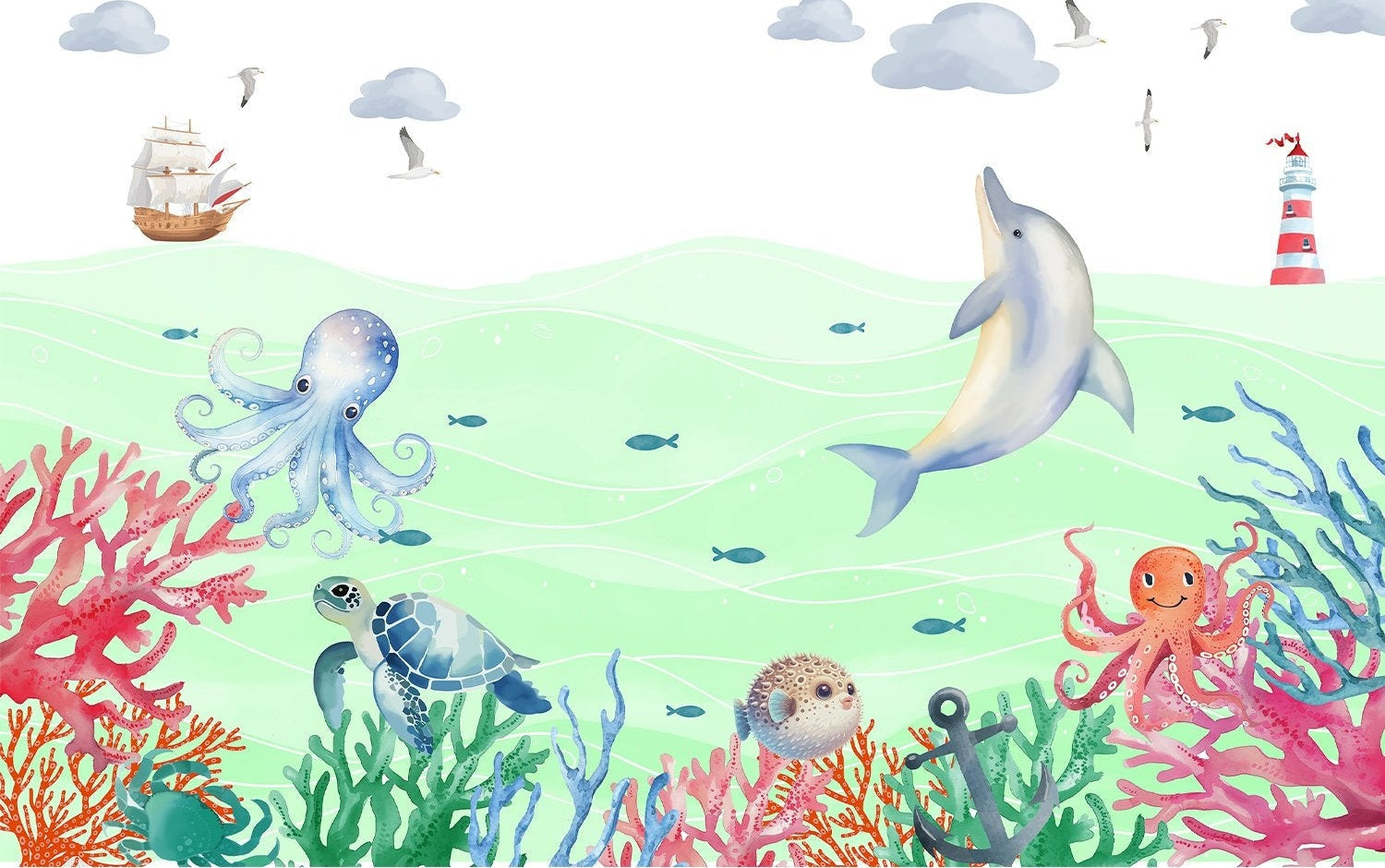 "Vibrant lea underwater marine scene - kids wallpaper mural-inequal final"