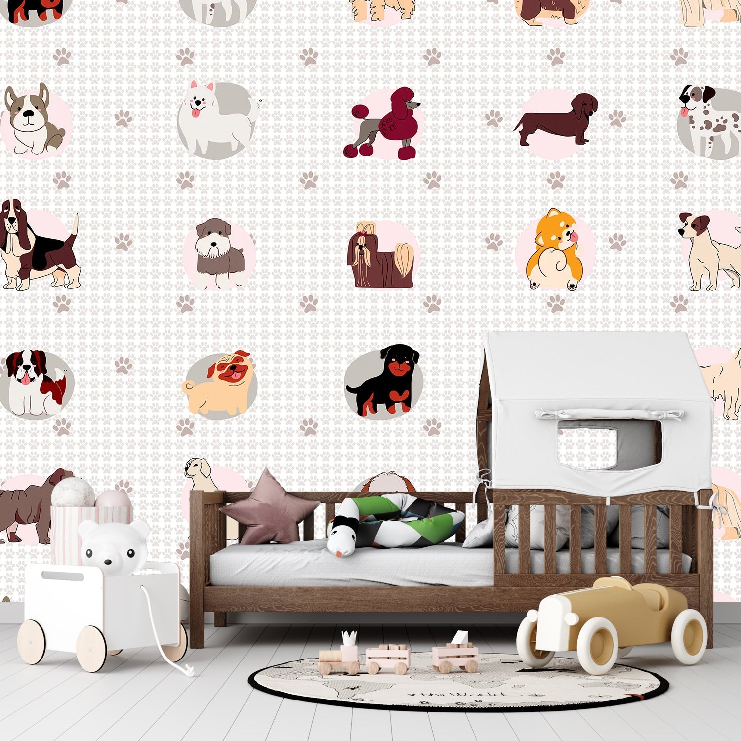 Cute cartoon dog breeds in circular frames with pink paw prints on white background - view 11 - final