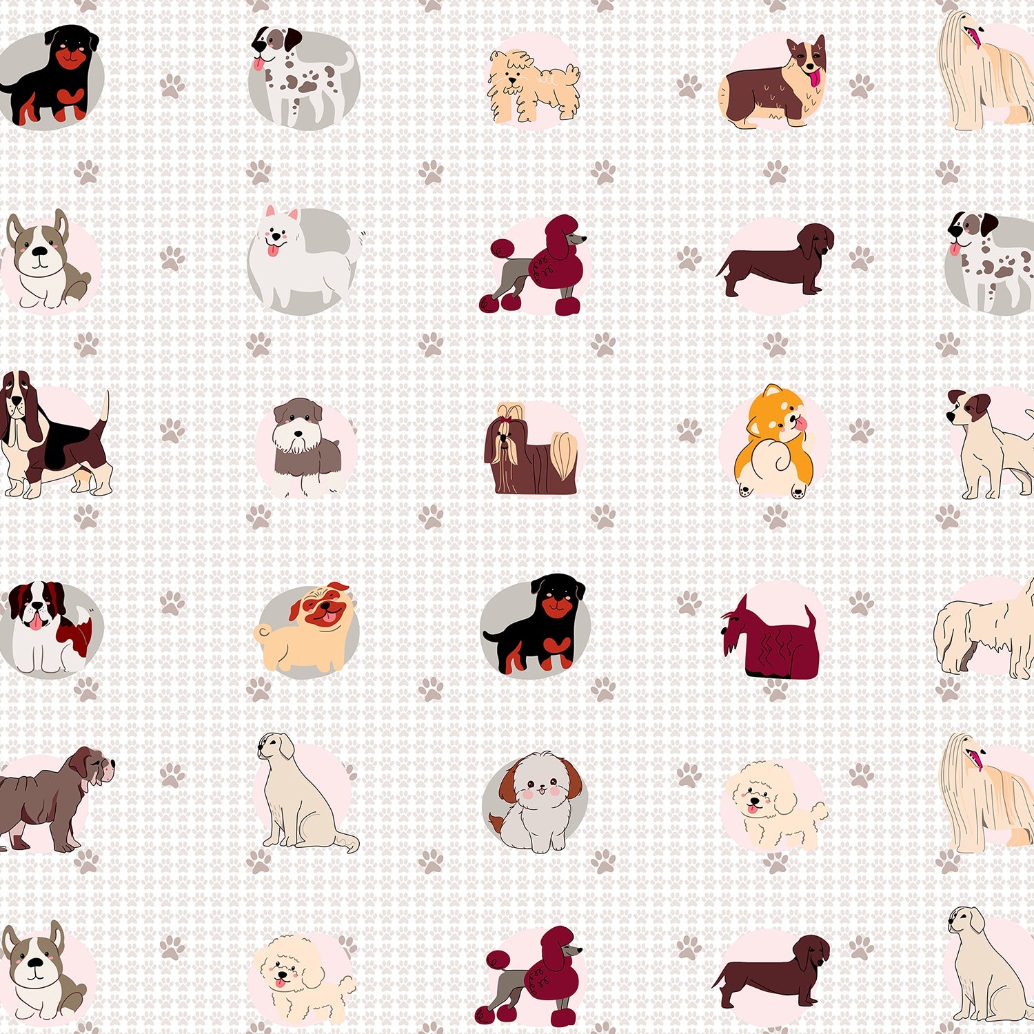 Cute cartoon dog breeds in circular frames with pink paw prints on white background - view 12 - final