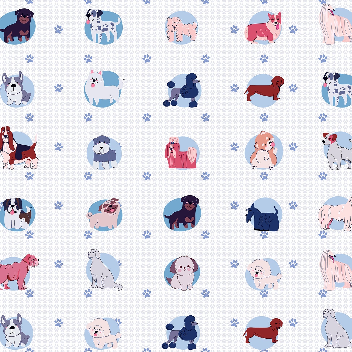 Cute cartoon dog breeds in circular frames with pink paw prints on white background - view 16 - final