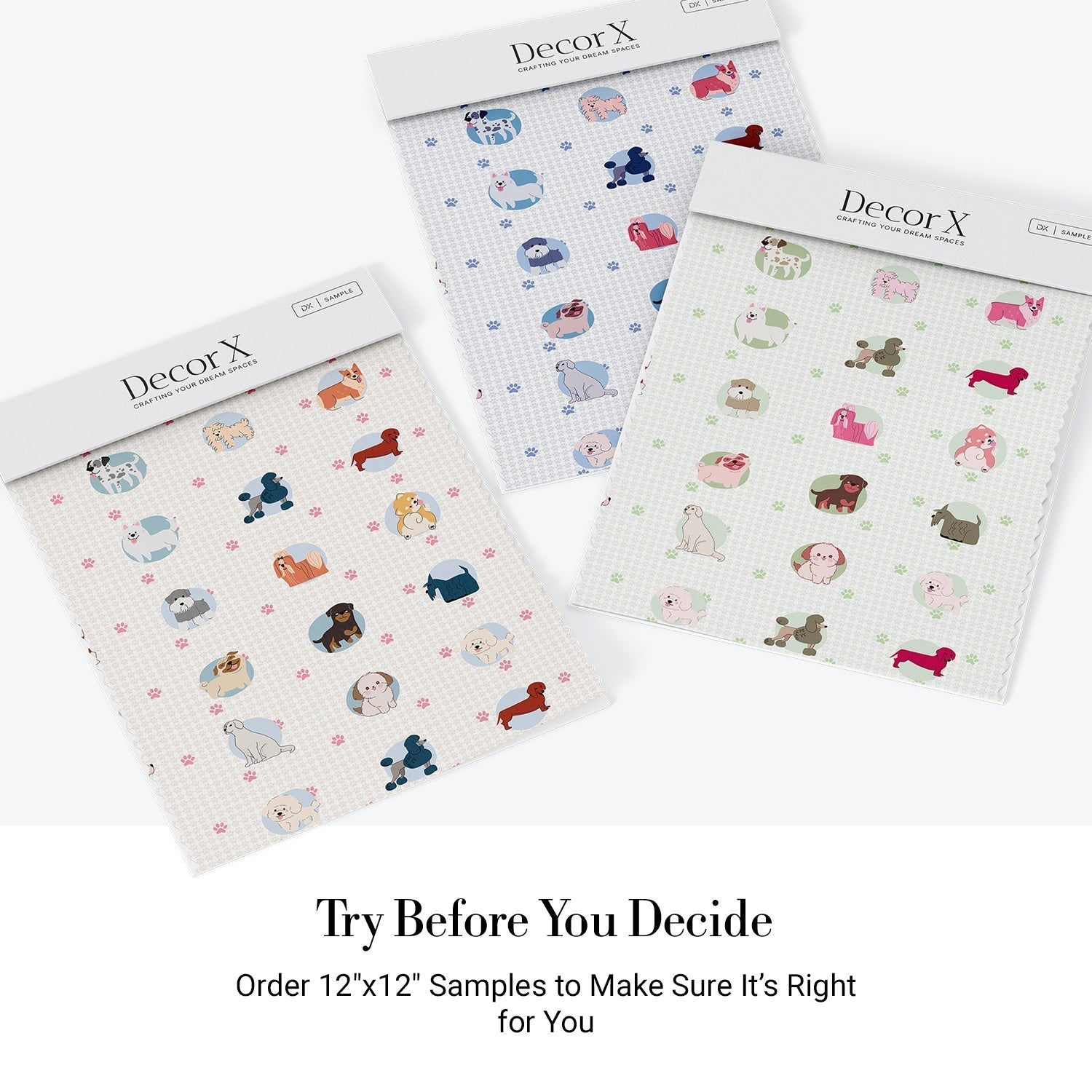 Cute cartoon dog breeds in circular frames with pink paw prints on white background - view 19 - final all-groups samples