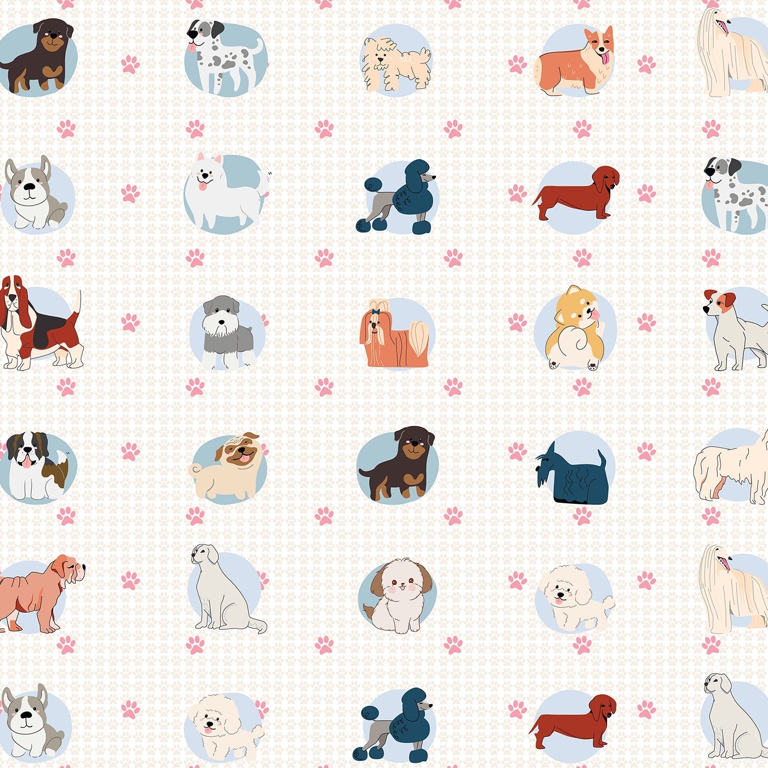 Cute cartoon dog breeds in circular frames with pink paw prints on white background - view 2 - final
