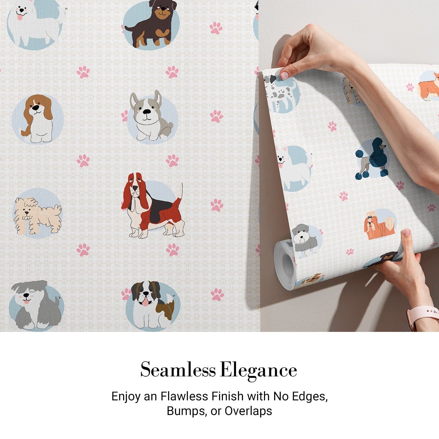 Cute cartoon dog breeds in circular frames with pink paw prints on white background - view 3 - final