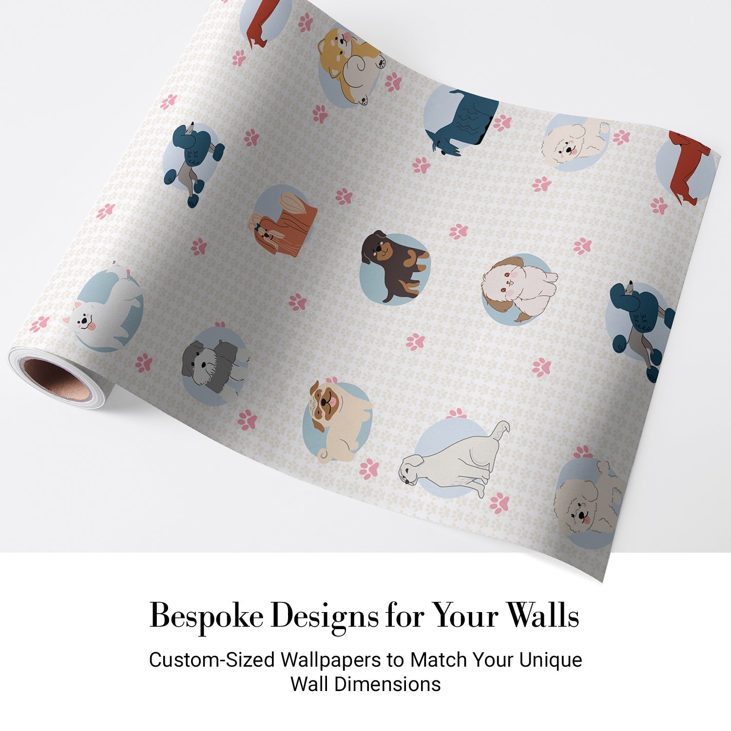 Cute cartoon dog breeds in circular frames with pink paw prints on white background - view 4 - final