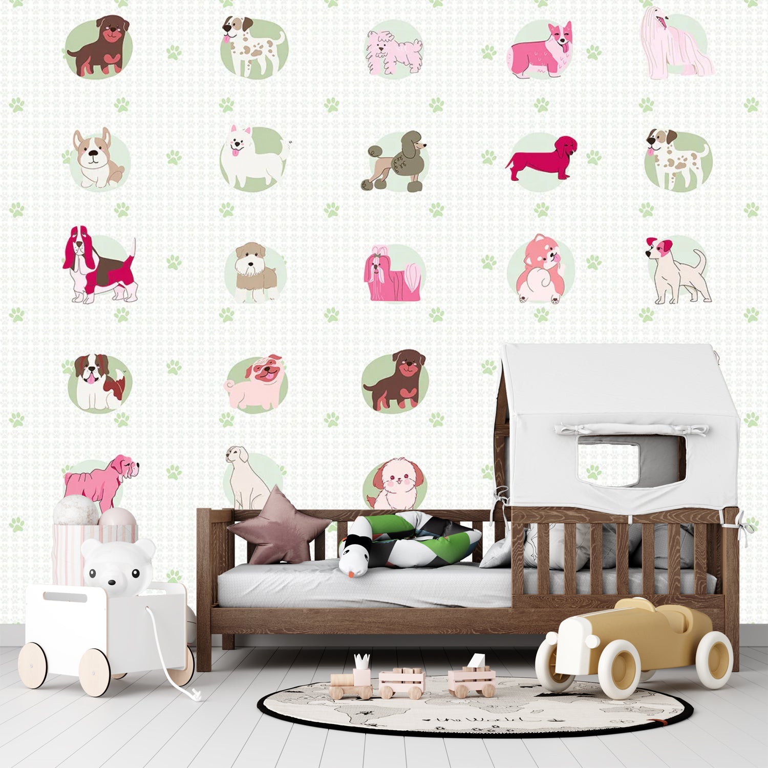 Cute cartoon dog breeds in circular frames with pink paw prints on white background - view 7 - final
