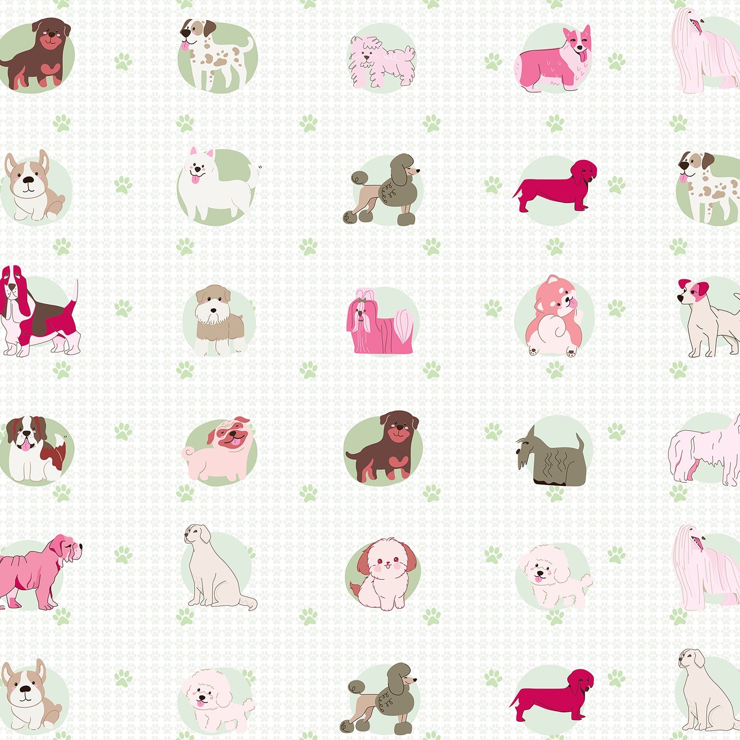 Cute cartoon dog breeds in circular frames with pink paw prints on white background - view 8 - final