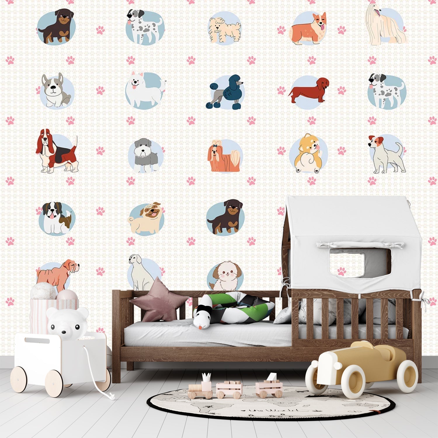 Cute cartoon dog breeds in circular frames with pink paw prints on white background - final kids-room