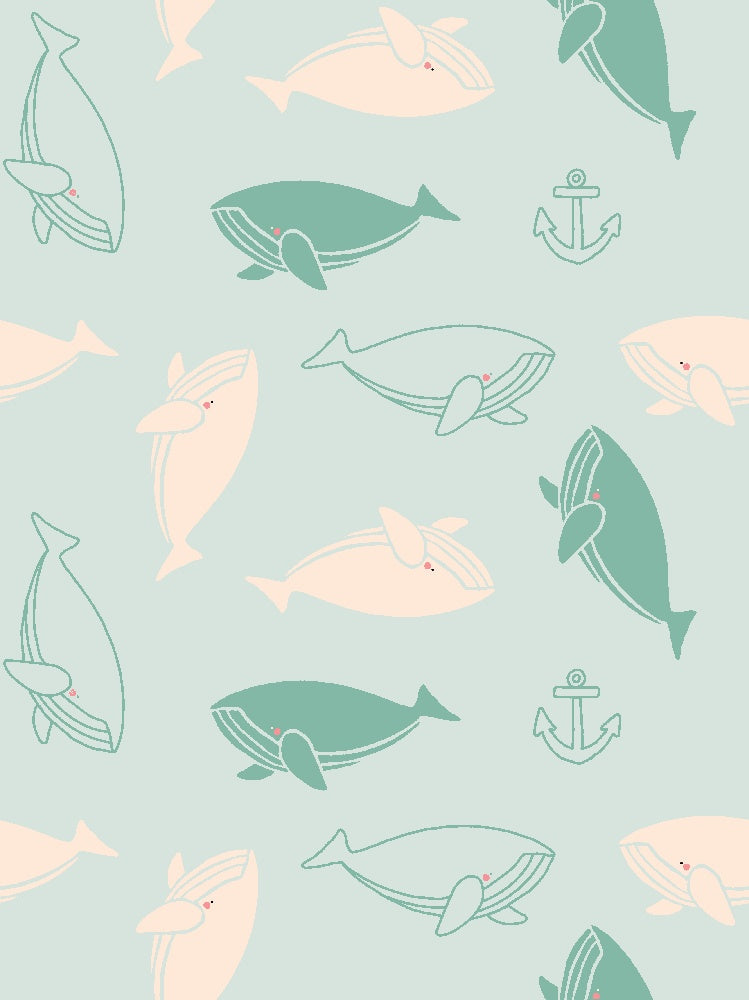 Repeating whale silhouettes in soft blue and peach tones create whimsical nautical pattern - view 12 - repeat-small - final