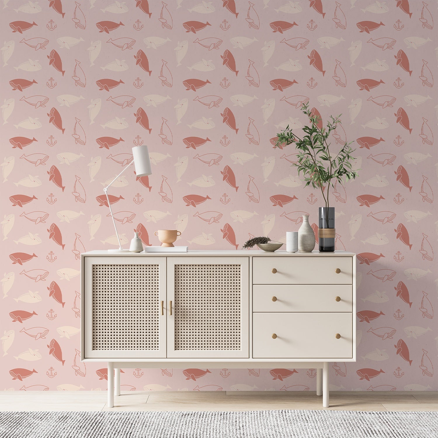 Repeating whale silhouettes in soft blue and peach tones create whimsical nautical pattern - view 13 - final