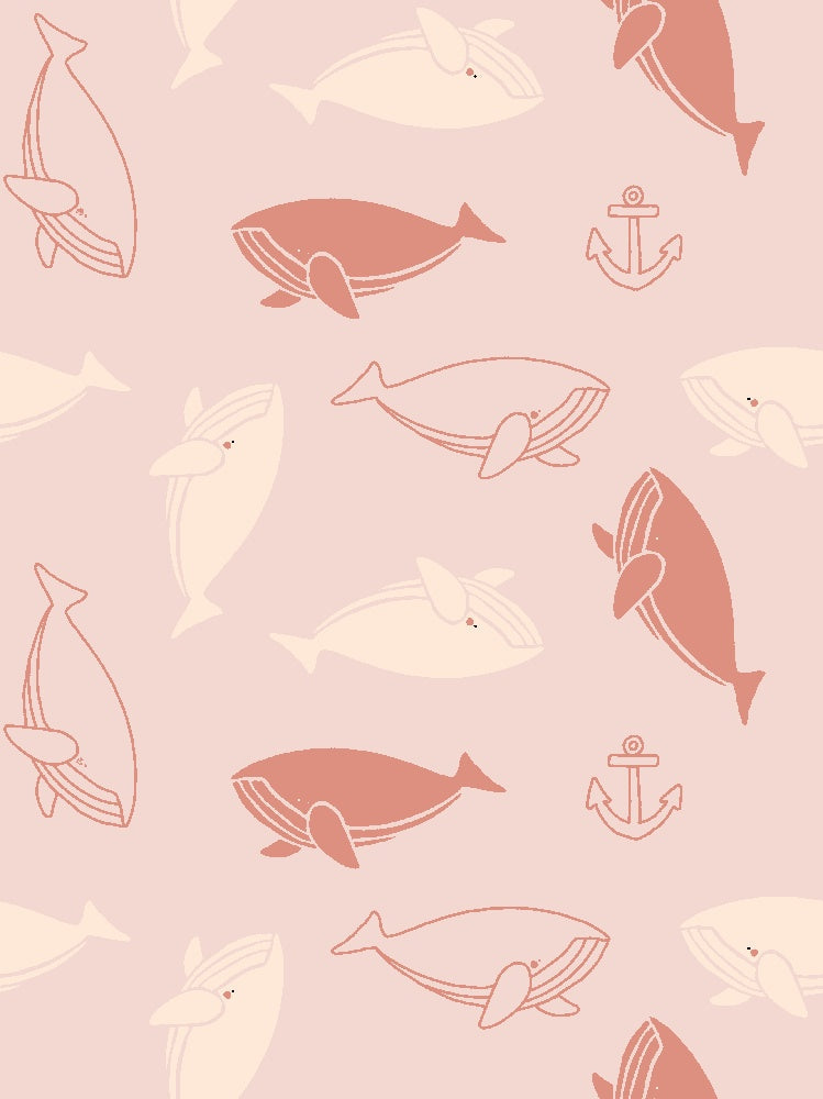 Repeating whale silhouettes in soft blue and peach tones create whimsical nautical pattern - view 17 - repeat-small - final