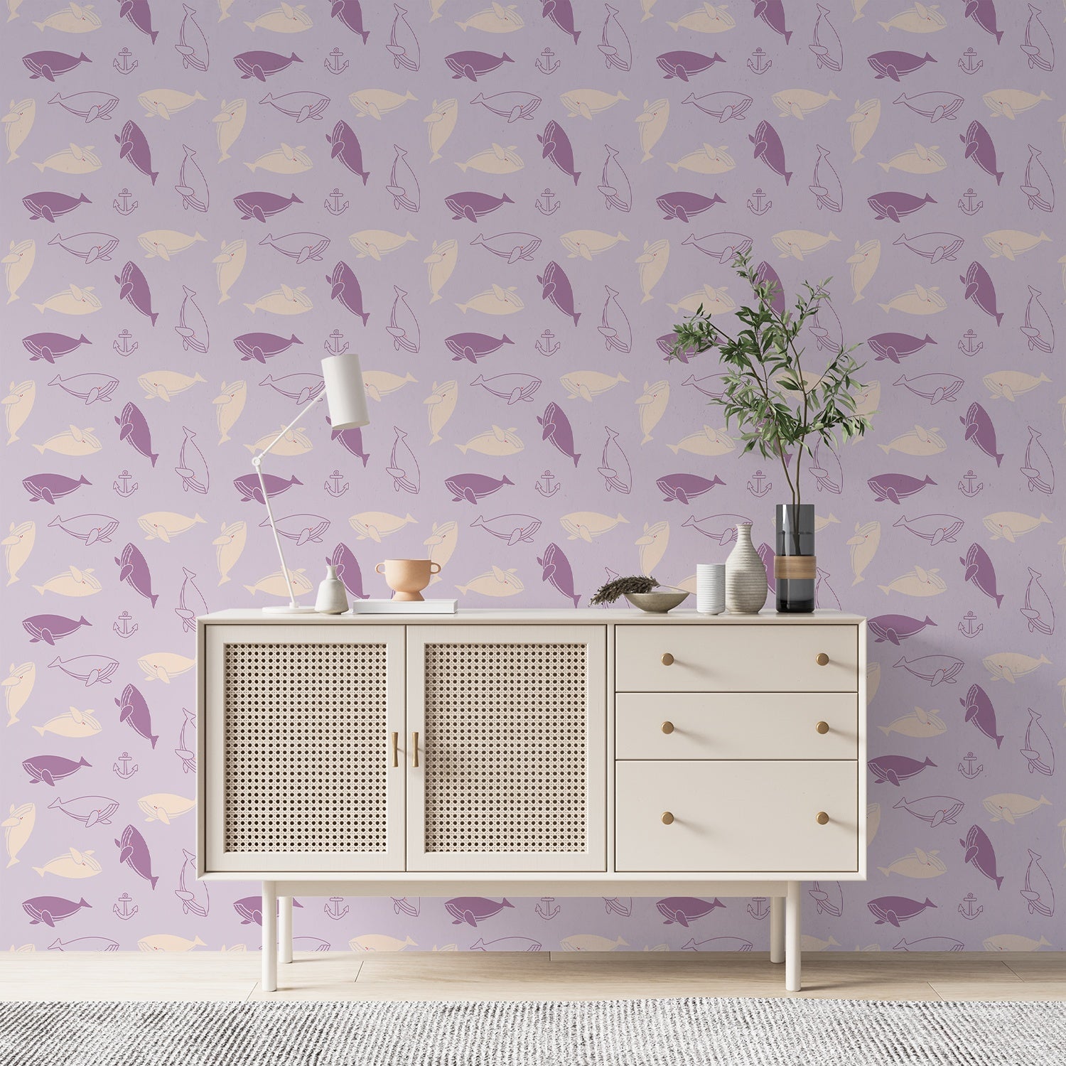 Repeating whale silhouettes in soft blue and peach tones create whimsical nautical pattern - view 18 - final