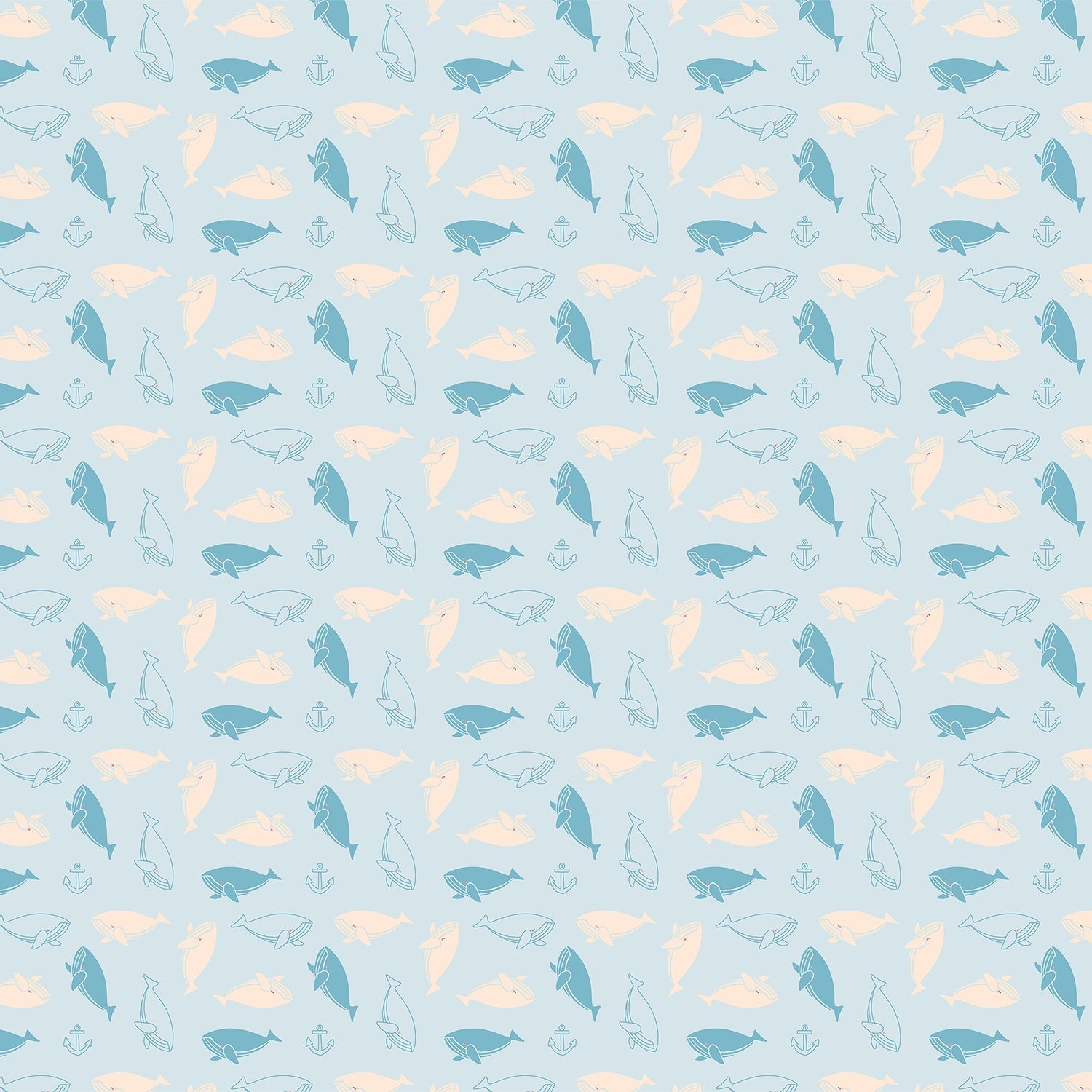 Repeating whale silhouettes in soft blue and peach tones create whimsical nautical pattern - view 2 - final