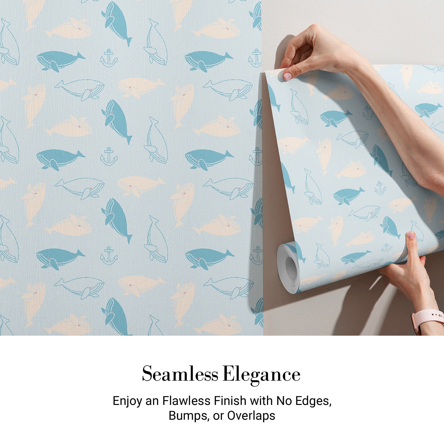 Repeating whale silhouettes in soft blue and peach tones create whimsical nautical pattern - view 3 - final
